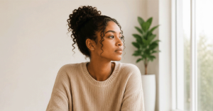 Young woman in a beige sweater looking thoughtfully out a bright window, wondering if she might be pregnant.